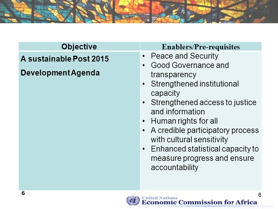6 6 Objective Enablers/Pre-requisites A sustainable Post 2015 Development Agenda Peace and Security Good Governance and transparency Strengthened institutional capacity Strengthened access to justice and information Human rights for all A credible participatory process with cultural sensitivity Enhanced statistical capacity to measure progress and ensure accountability