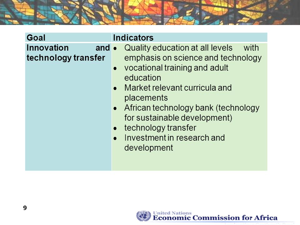9 GoalIndicators Innovation and technology transfer  Quality education at all levels with emphasis on science and technology  vocational training and adult education  Market relevant curricula and placements  African technology bank (technology for sustainable development)  technology transfer  Investment in research and development