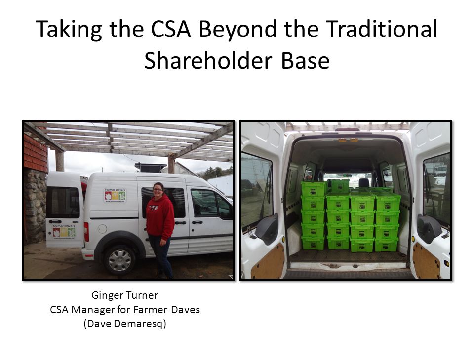 Taking the CSA Beyond the Traditional Shareholder Base Ginger Turner CSA Manager for Farmer Daves (Dave Demaresq)