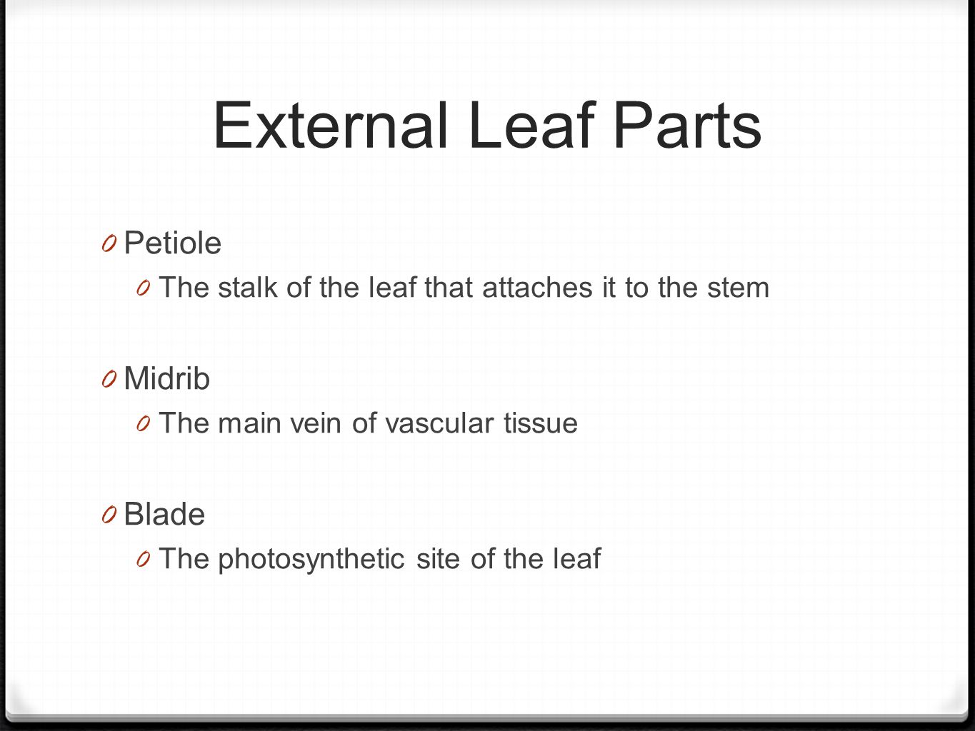 External Leaf Parts 0 Petiole 0 The stalk of the leaf that attaches it to the stem 0 Midrib 0 The main vein of vascular tissue 0 Blade 0 The photosynthetic site of the leaf