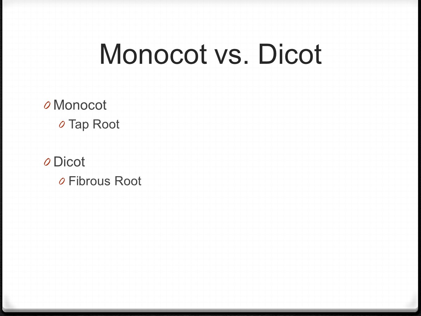 Monocot vs. Dicot 0 Monocot 0 Tap Root 0 Dicot 0 Fibrous Root