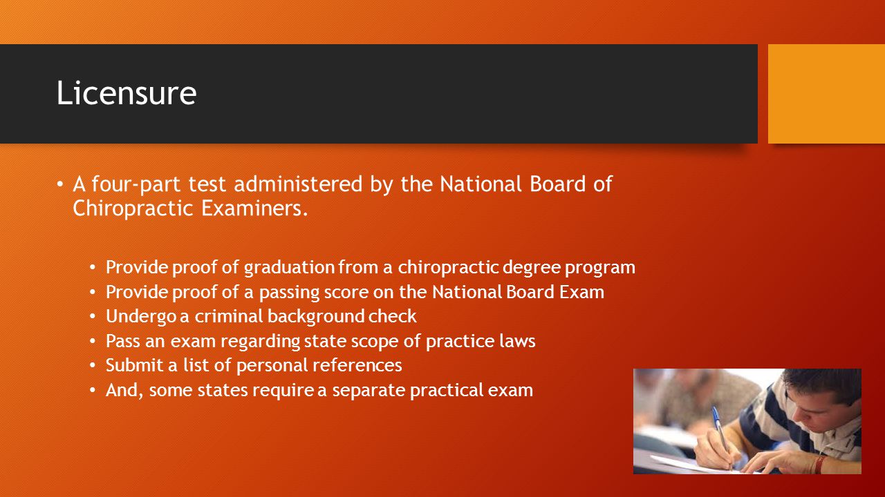 Licensure A four-part test administered by the National Board of Chiropractic Examiners.