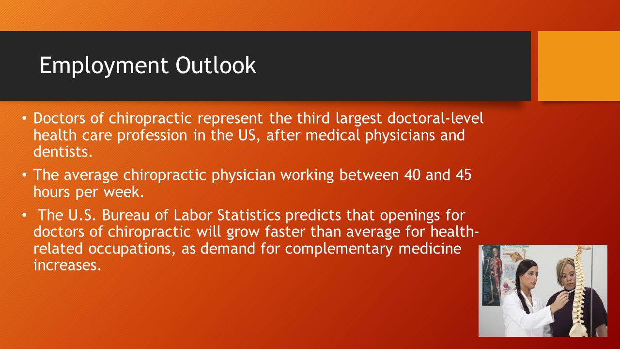 Employment Outlook Doctors of chiropractic represent the third largest doctoral-level health care profession in the US, after medical physicians and dentists.