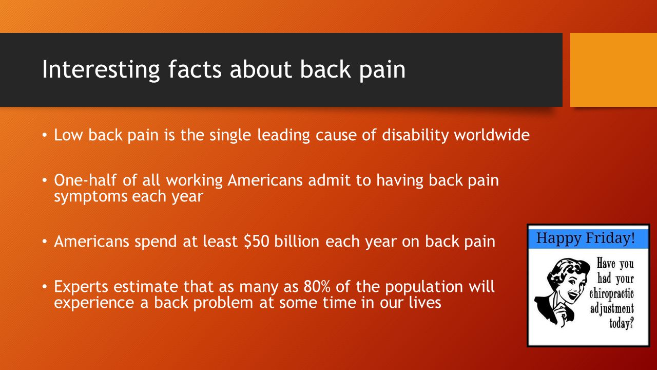 Interesting facts about back pain Low back pain is the single leading cause of disability worldwide One-half of all working Americans admit to having back pain symptoms each year Americans spend at least $50 billion each year on back pain Experts estimate that as many as 80% of the population will experience a back problem at some time in our lives