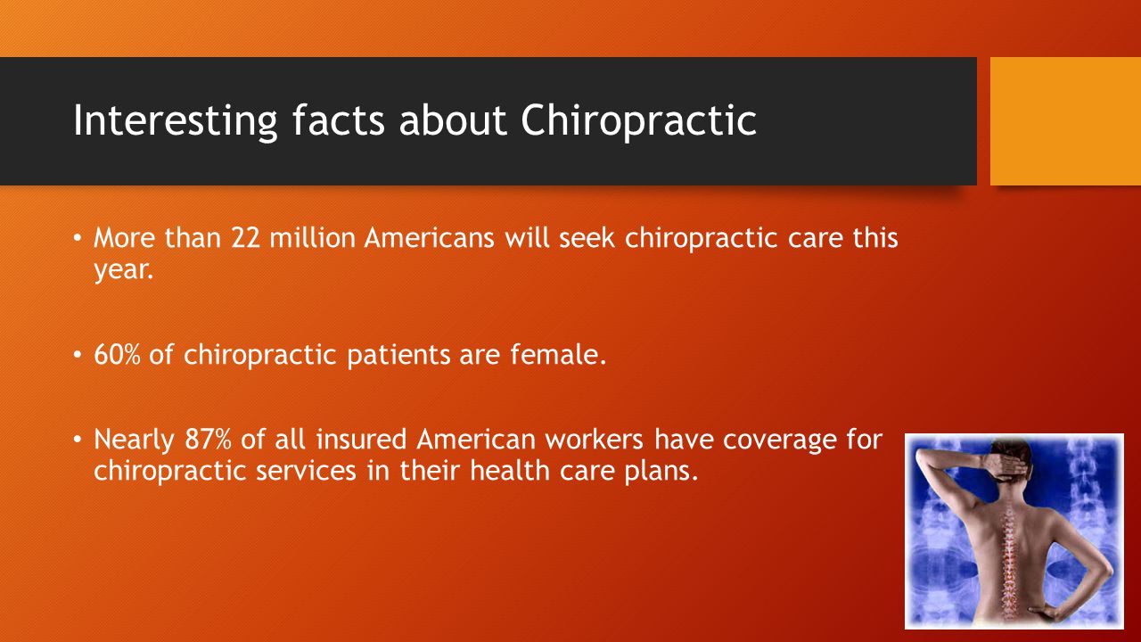 Interesting facts about Chiropractic More than 22 million Americans will seek chiropractic care this year.