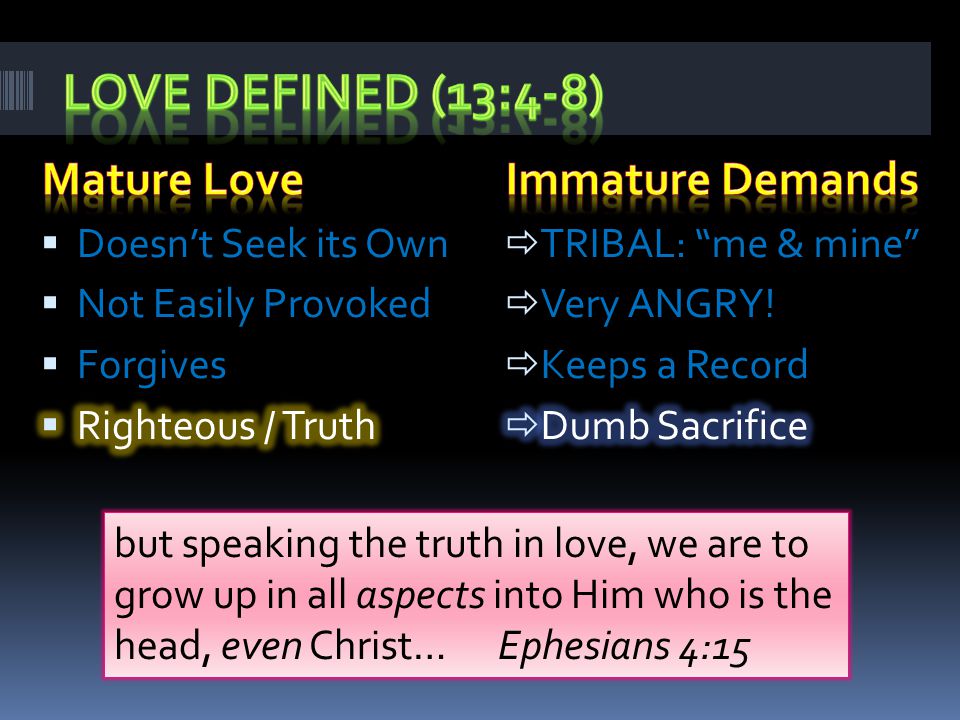but speaking the truth in love, we are to grow up in all aspects into Him who is the head, even Christ… Ephesians 4:15