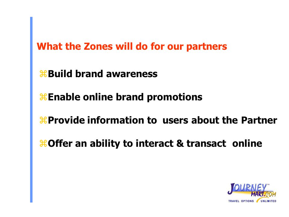 What the Zones will do for our partners z Build brand awareness z Enable online brand promotions z Provide information to users about the Partner z Offer an ability to interact & transact online