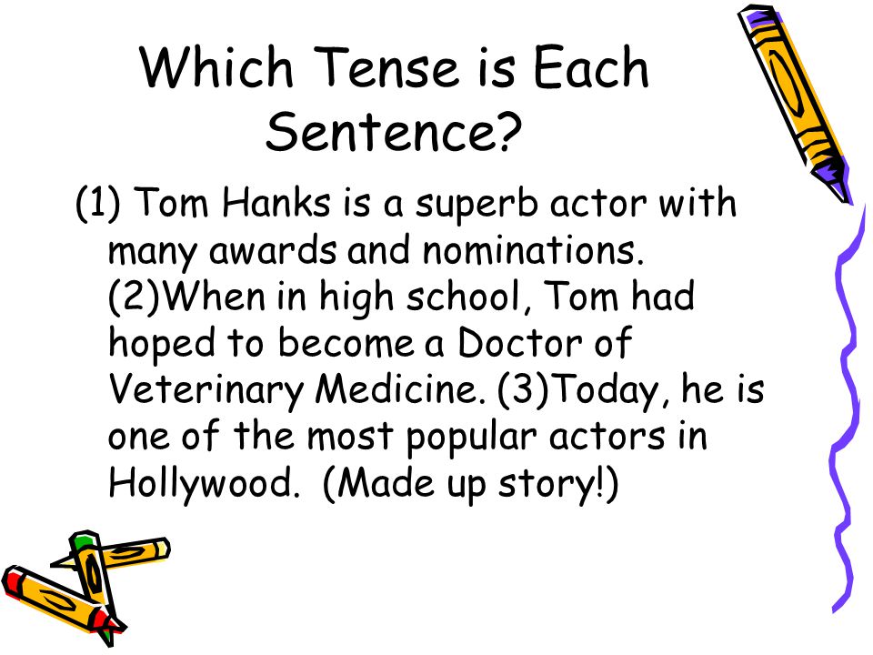 Which Tense is Each Sentence. (1) Tom Hanks is a superb actor with many awards and nominations.