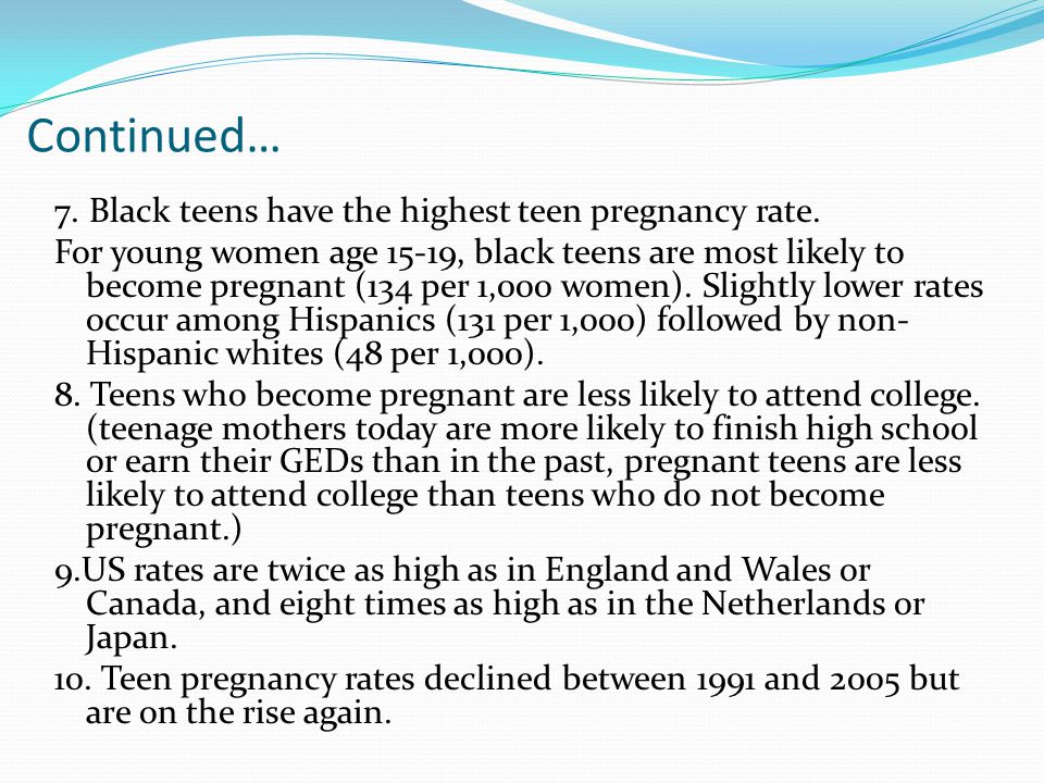 Continued… 7. Black teens have the highest teen pregnancy rate.