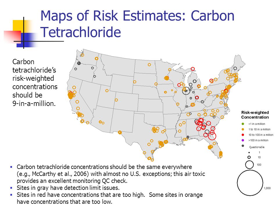 24 Maps of Risk Estimates: Carbon Tetrachloride Carbon tetrachloride’s risk-weighted concentrations should be 9-in-a-million.