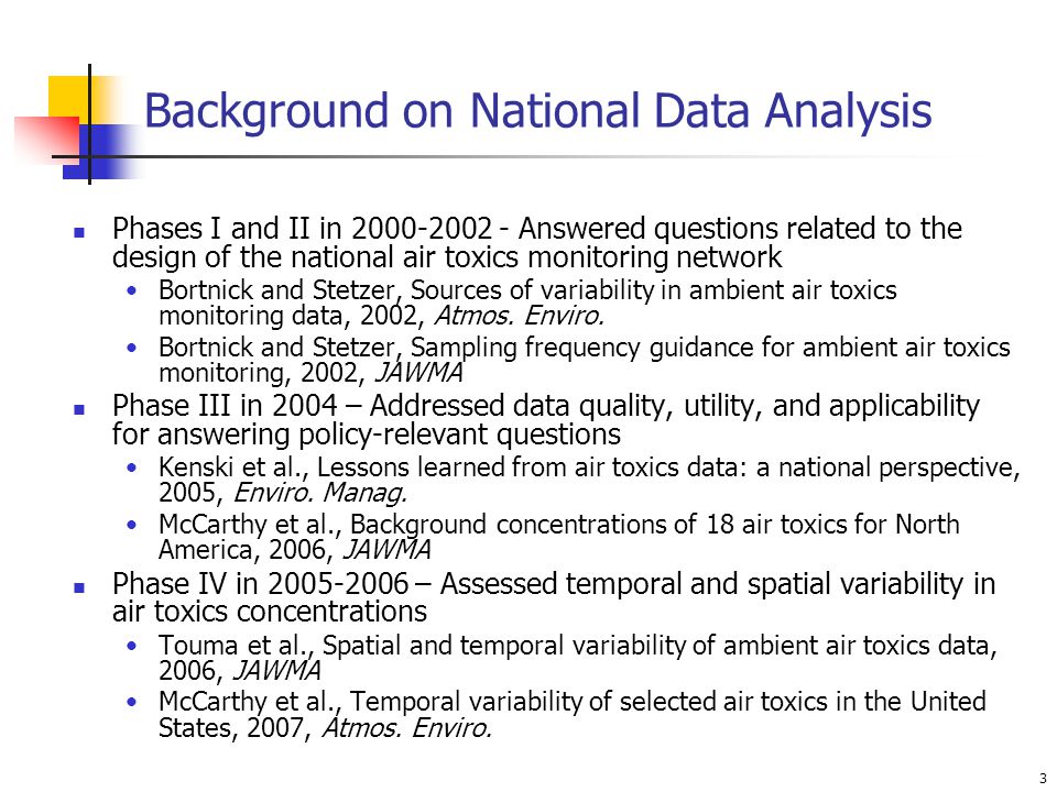 3 Background on National Data Analysis Phases I and II in Answered questions related to the design of the national air toxics monitoring network Bortnick and Stetzer, Sources of variability in ambient air toxics monitoring data, 2002, Atmos.
