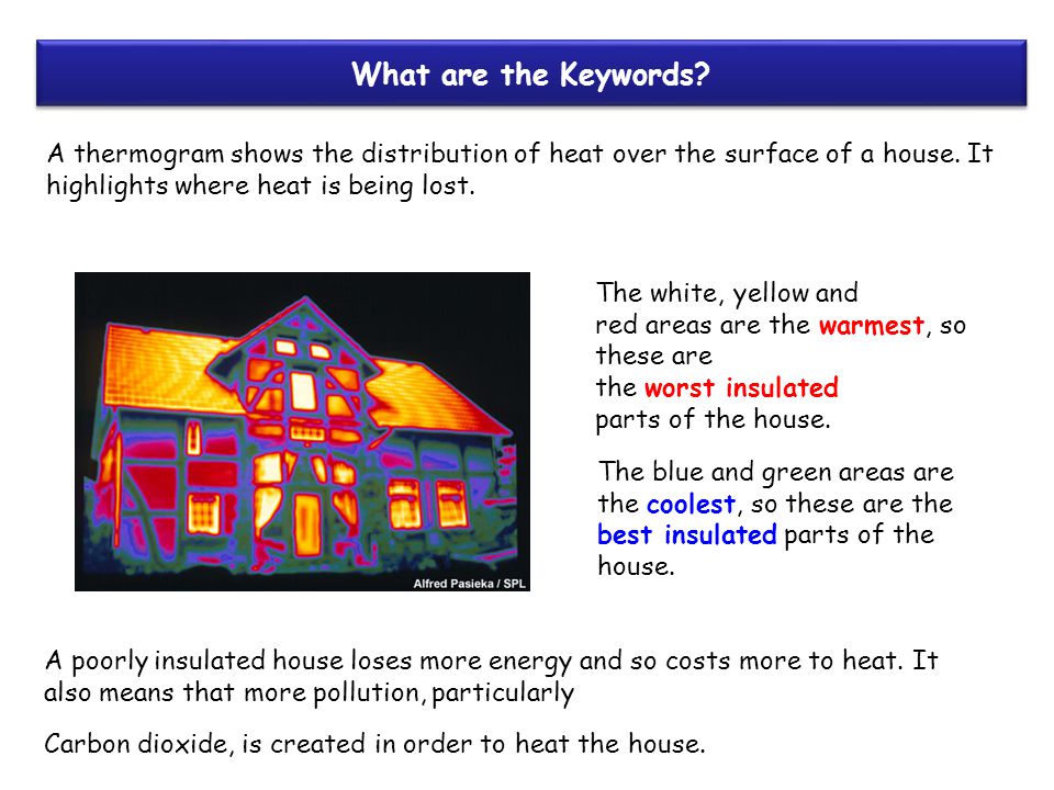 A thermogram shows the distribution of heat over the surface of a house.