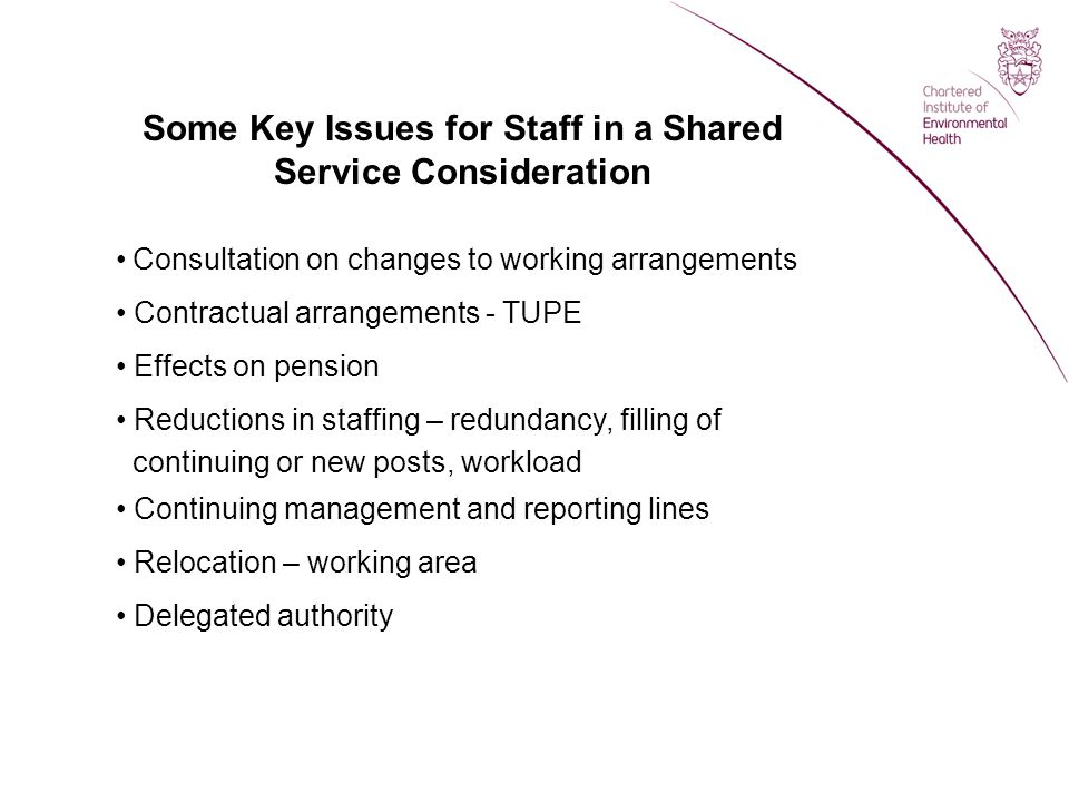 Some Key Issues for Staff in a Shared Service Consideration Consultation on changes to working arrangements Contractual arrangements - TUPE Effects on pension Reductions in staffing – redundancy, filling of continuing or new posts, workload Continuing management and reporting lines Relocation – working area Delegated authority