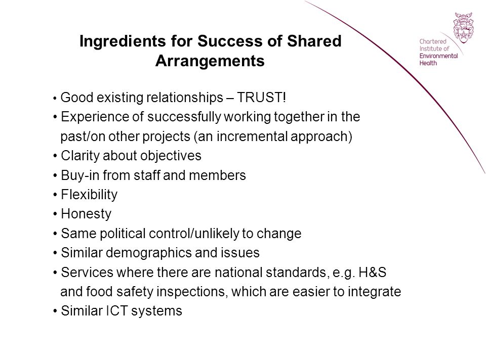 Ingredients for Success of Shared Arrangements Good existing relationships – TRUST.