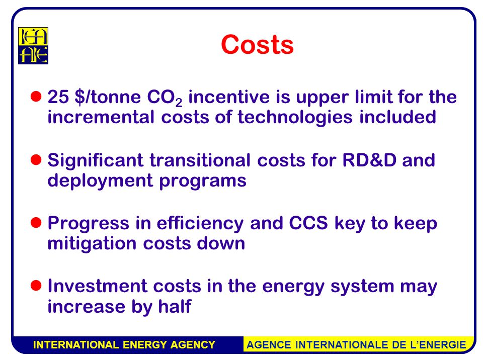 INTERNATIONAL ENERGY AGENCY AGENCE INTERNATIONALE DE L’ENERGIE Costs 25 $/tonne CO 2 incentive is upper limit for the incremental costs of technologies included Significant transitional costs for RD&D and deployment programs Progress in efficiency and CCS key to keep mitigation costs down Investment costs in the energy system may increase by half INTERNATIONAL ENERGY AGENCY AGENCE INTERNATIONALE DE L’ENERGIE