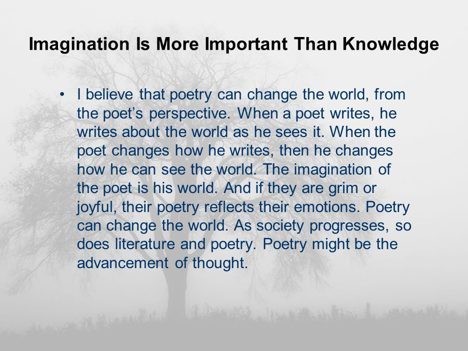Imagination Is More Important Than Knowledge I believe that poetry can change the world, from the poet’s perspective.
