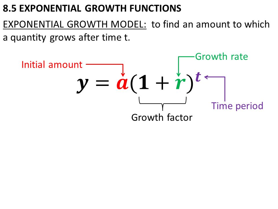 8.5 EXPONENTIAL GROWTH FUNCTIONS Initial amount Growth rate Time period Growth factor