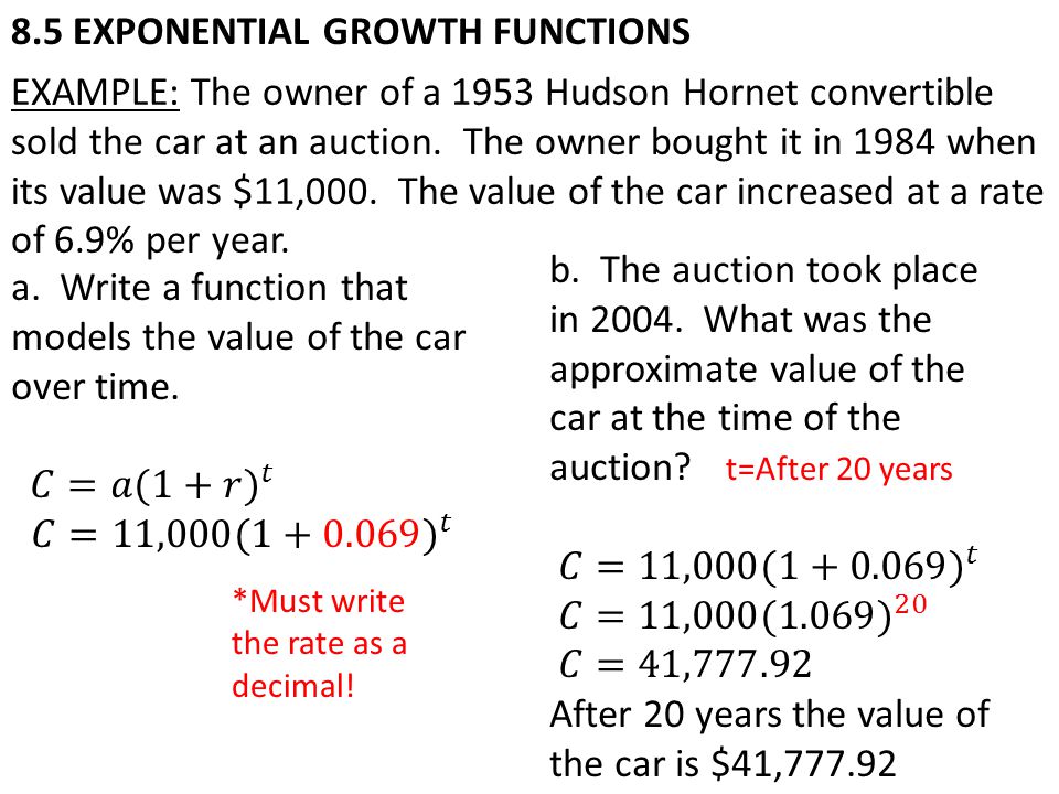 8.5 EXPONENTIAL GROWTH FUNCTIONS EXAMPLE: The owner of a 1953 Hudson Hornet convertible sold the car at an auction.