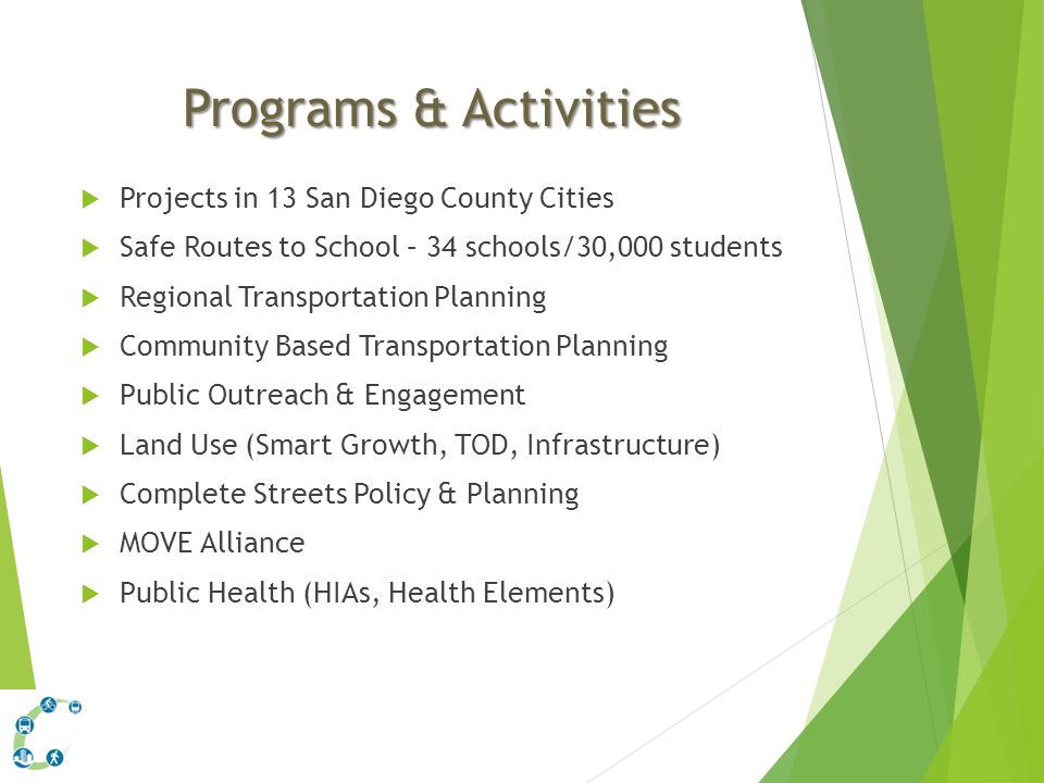 Programs & Activities  Projects in 13 San Diego County Cities  Safe Routes to School – 34 schools/30,000 students  Regional Transportation Planning  Community Based Transportation Planning  Public Outreach & Engagement  Land Use (Smart Growth, TOD, Infrastructure)  Complete Streets Policy & Planning  MOVE Alliance  Public Health (HIAs, Health Elements)