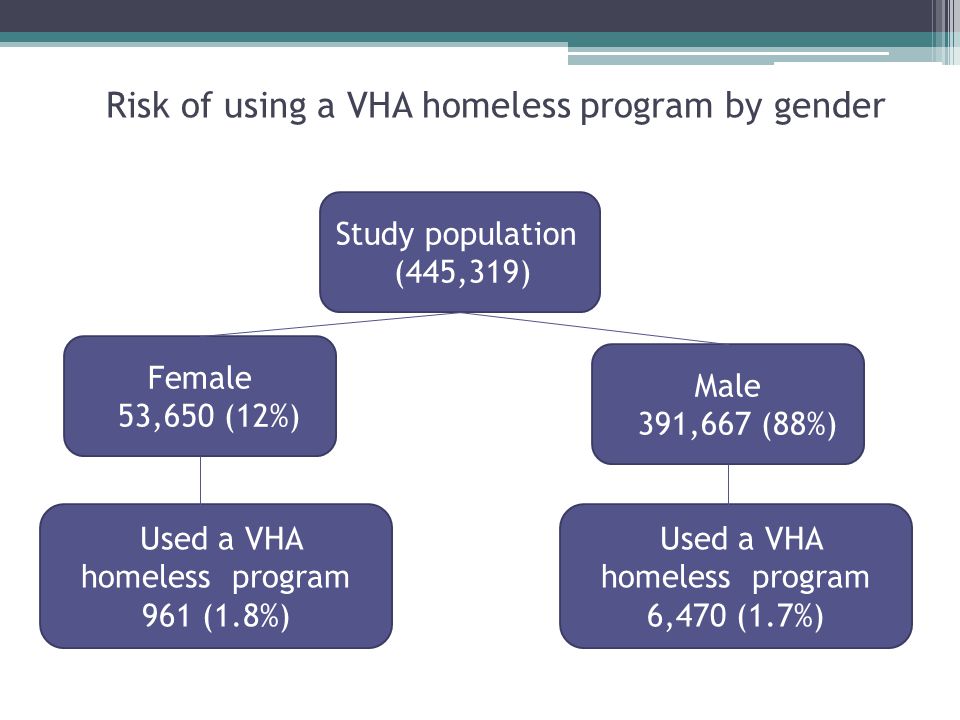 Study population (445,319) Used a VHA homeless program 961 (1.8%) Female 53,650 (12%) Risk of using a VHA homeless program by gender Male 391,667 (88%) Used a VHA homeless program 6,470 (1.7%)