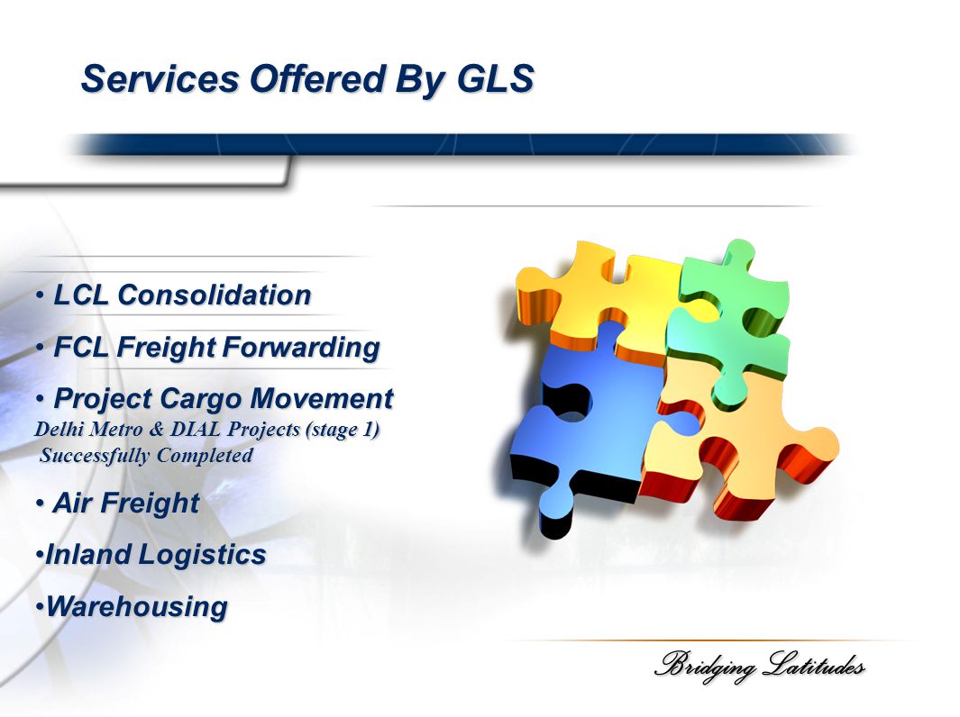 Bridging Latitudes Services Offered By GLS LCL Consolidation LCL Consolidation FCL Freight Forwarding FCL Freight Forwarding Project Cargo Movement Project Cargo Movement Delhi Metro & DIAL Projects (stage 1) Successfully Completed Successfully Completed Air Freight Air Freight Inland LogisticsInland Logistics WarehousingWarehousing