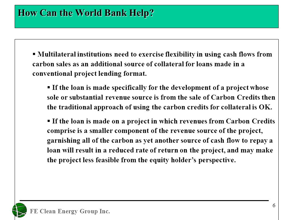 FE Clean Energy Group Inc. 6 How Can the World Bank Help.