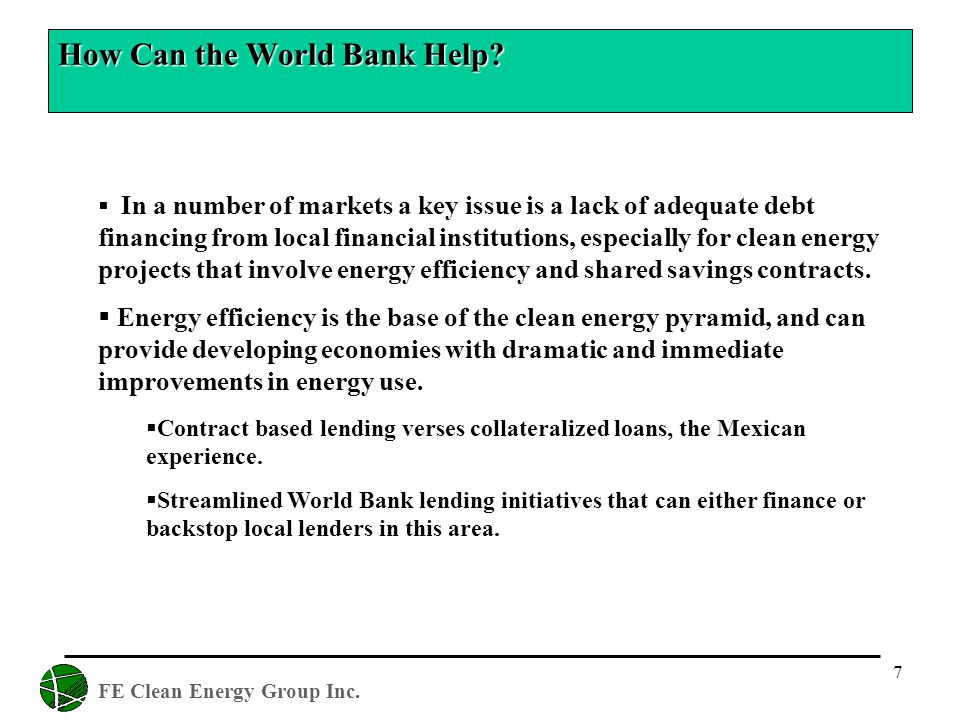 FE Clean Energy Group Inc. 7 How Can the World Bank Help.