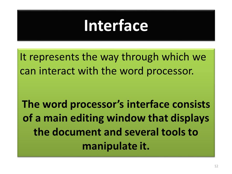 Interface It represents the way through which we can interact with the word processor.