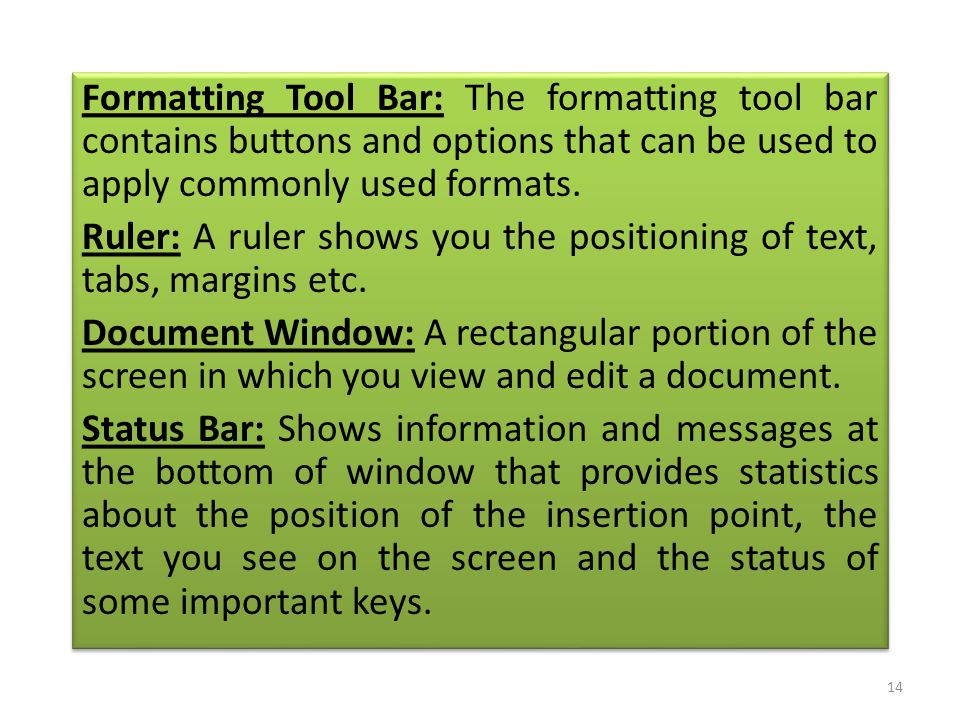 Formatting Tool Bar: The formatting tool bar contains buttons and options that can be used to apply commonly used formats.