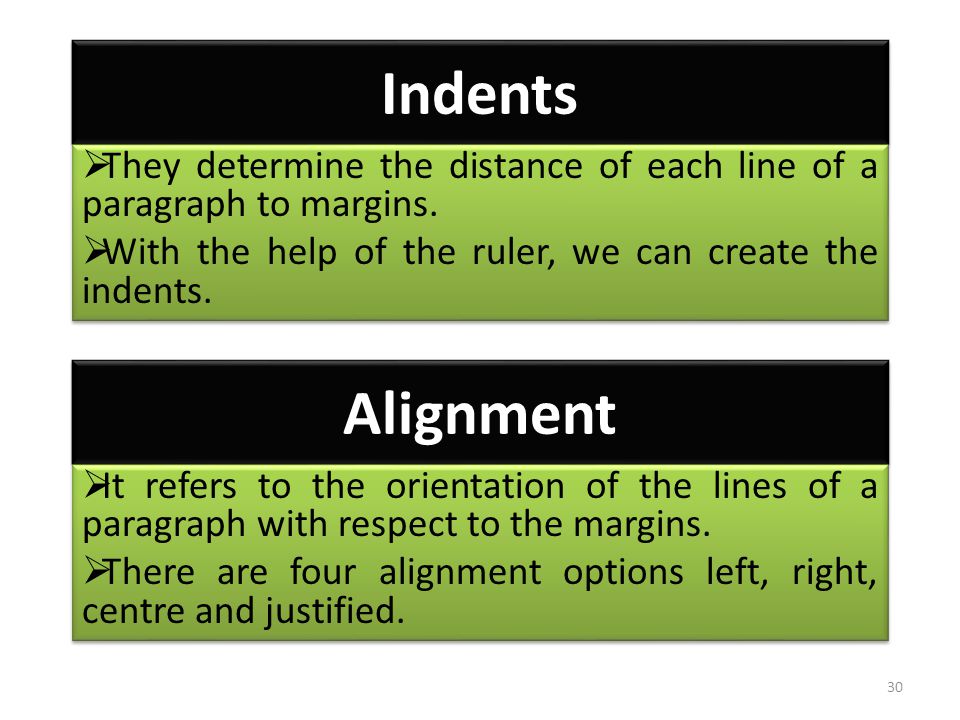 Indents  They determine the distance of each line of a paragraph to margins.