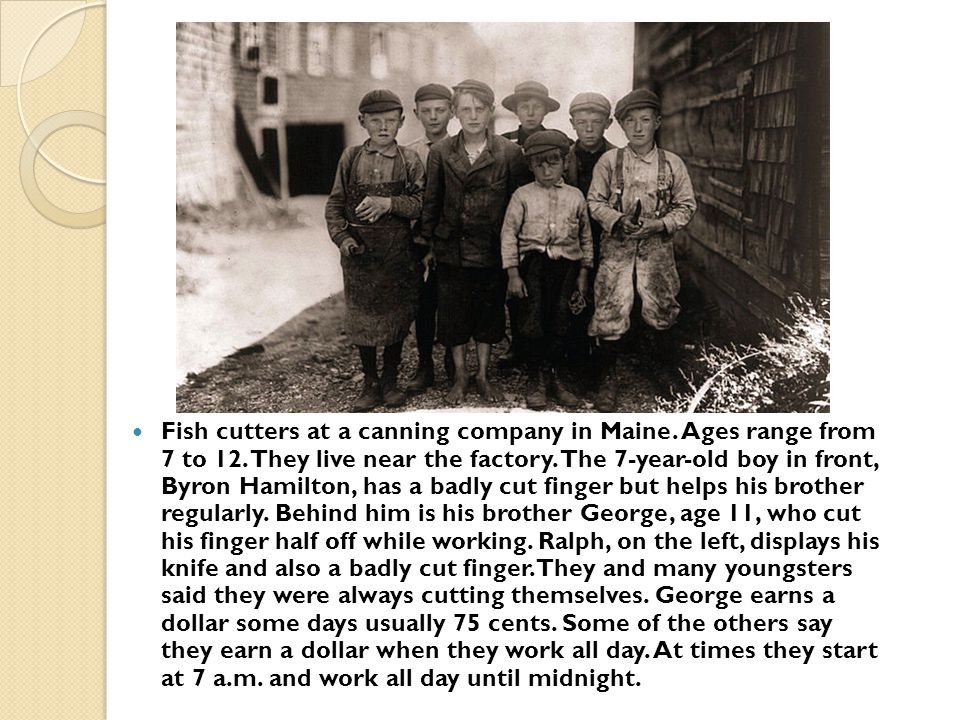 Fish cutters at a canning company in Maine. Ages range from 7 to 12.