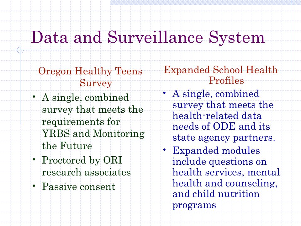 Data and Surveillance System Oregon Healthy Teens Survey A single, combined survey that meets the requirements for YRBS and Monitoring the Future Proctored by ORI research associates Passive consent Expanded School Health Profiles A single, combined survey that meets the health-related data needs of ODE and its state agency partners.