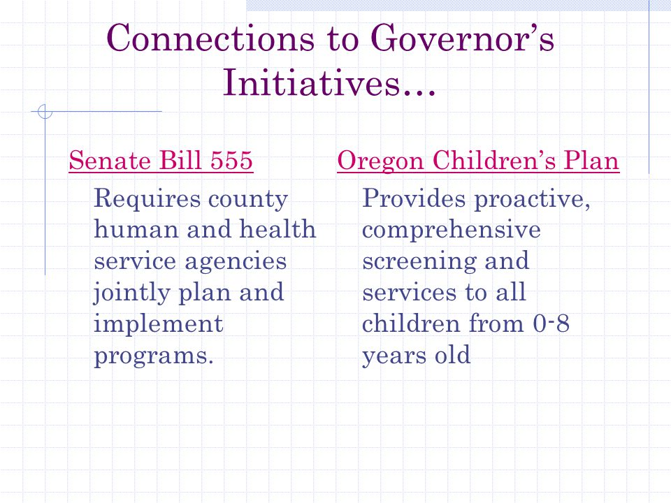 Connections to Governor’s Initiatives… Senate Bill 555 Requires county human and health service agencies jointly plan and implement programs.