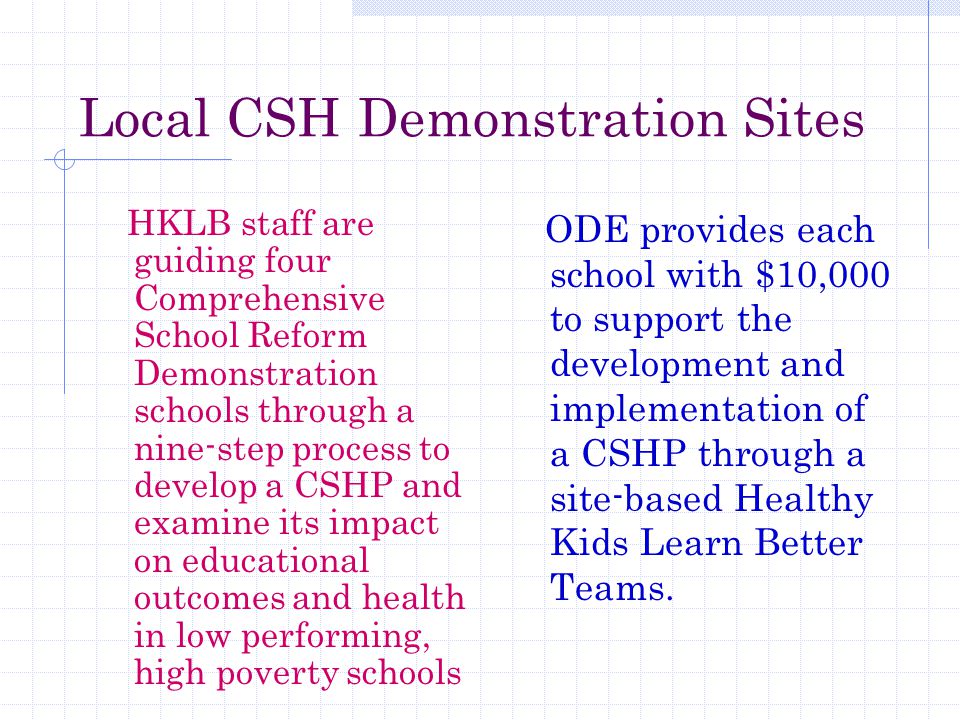 Local CSH Demonstration Sites HKLB staff are guiding four Comprehensive School Reform Demonstration schools through a nine-step process to develop a CSHP and examine its impact on educational outcomes and health in low performing, high poverty schools ODE provides each school with $10,000 to support the development and implementation of a CSHP through a site-based Healthy Kids Learn Better Teams.