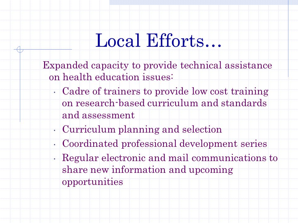 Local Efforts… Expanded capacity to provide technical assistance on health education issues: Cadre of trainers to provide low cost training on research-based curriculum and standards and assessment Curriculum planning and selection Coordinated professional development series Regular electronic and mail communications to share new information and upcoming opportunities