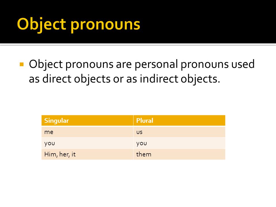  Object pronouns are personal pronouns used as direct objects or as indirect objects.