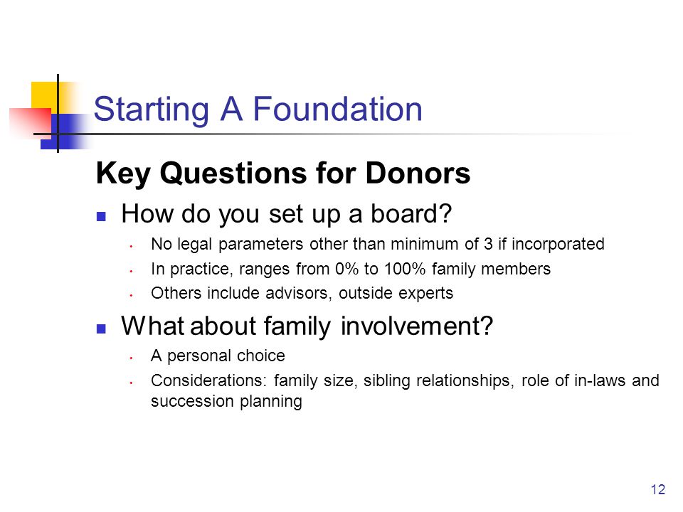 12 Starting A Foundation Key Questions for Donors How do you set up a board.