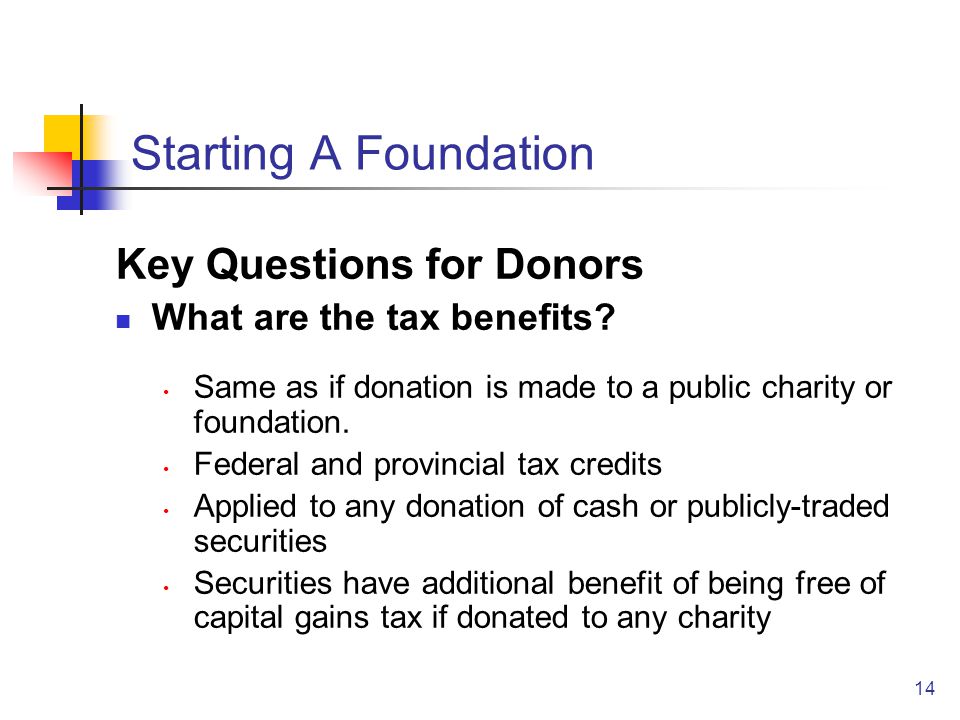 14 Starting A Foundation Key Questions for Donors What are the tax benefits.