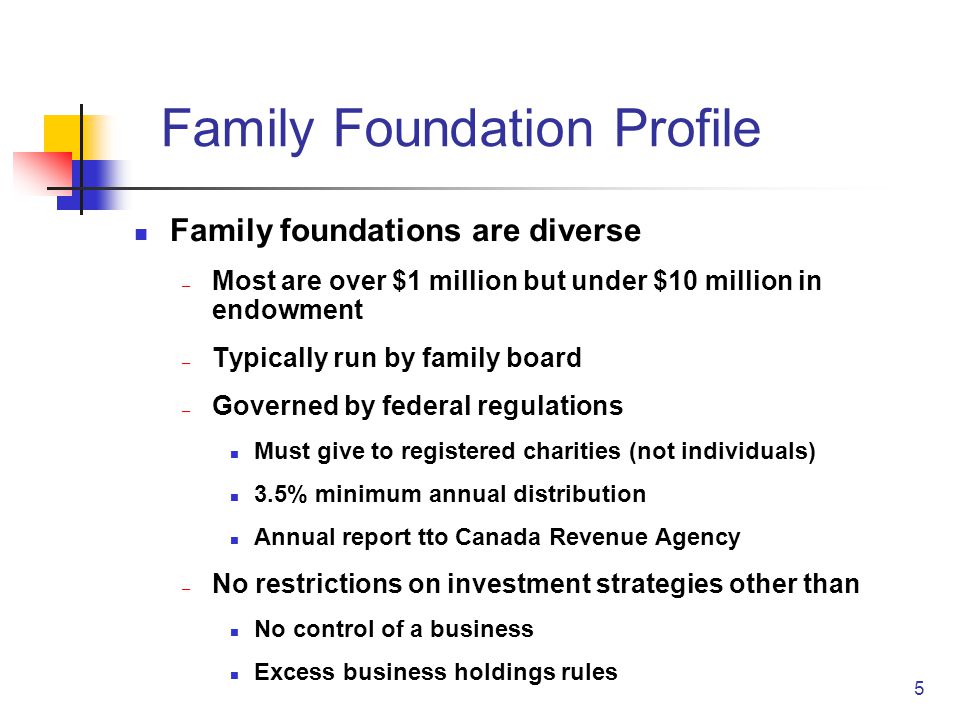 5 Family Foundation Profile Family foundations are diverse – Most are over $1 million but under $10 million in endowment – Typically run by family board – Governed by federal regulations Must give to registered charities (not individuals) 3.5% minimum annual distribution Annual report tto Canada Revenue Agency – No restrictions on investment strategies other than No control of a business Excess business holdings rules