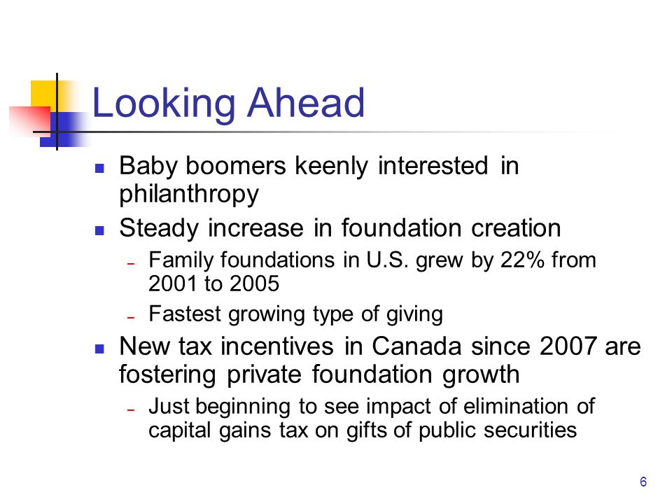 6 Looking Ahead Baby boomers keenly interested in philanthropy Steady increase in foundation creation – Family foundations in U.S.