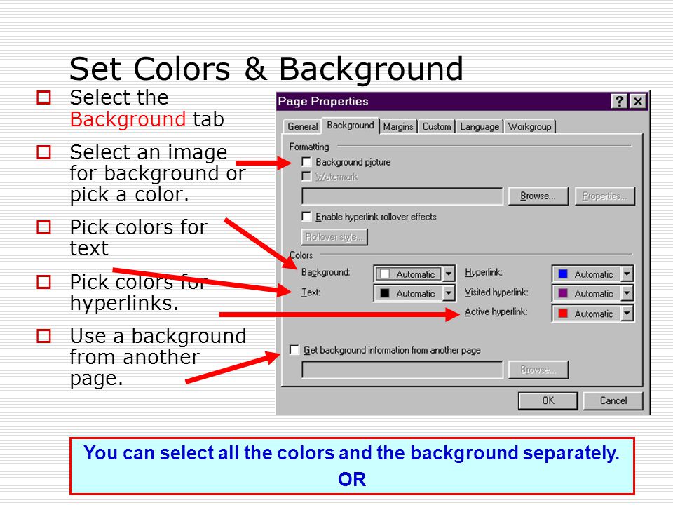 Set Colors & Background  Select the Background tab  Select an image for background or pick a color.