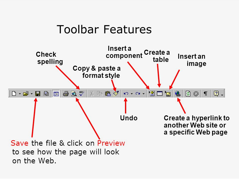 Toolbar Features Save the file & click on Preview to see how the page will look on the Web.