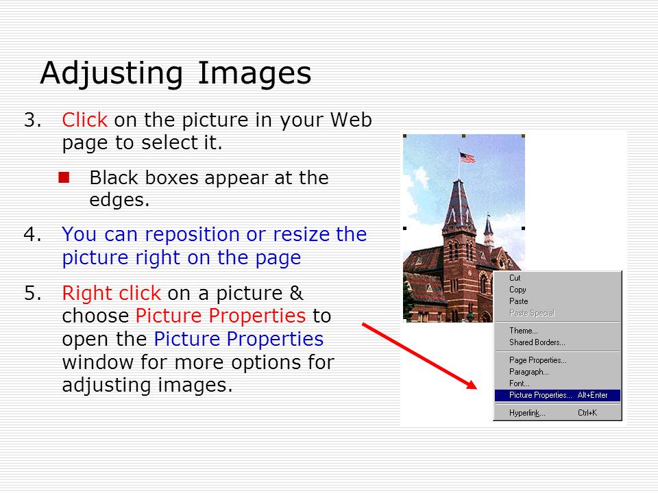 Adjusting Images 3.Click on the picture in your Web page to select it.