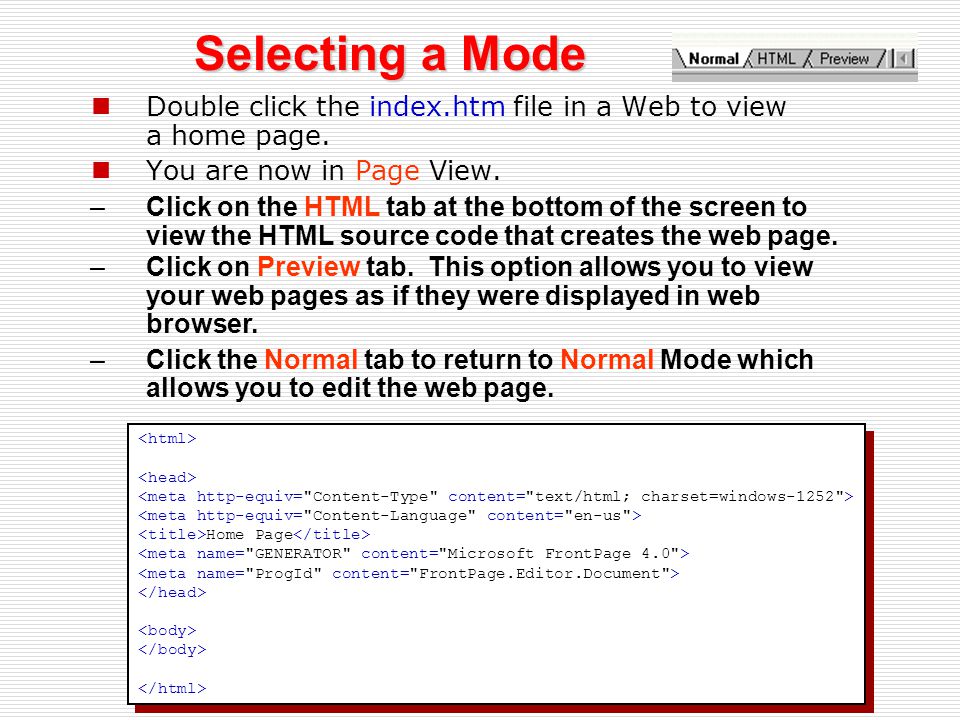Double click the index.htm file in a Web to view a home page.