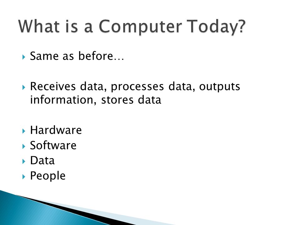  Same as before…  Receives data, processes data, outputs information, stores data  Hardware  Software  Data  People