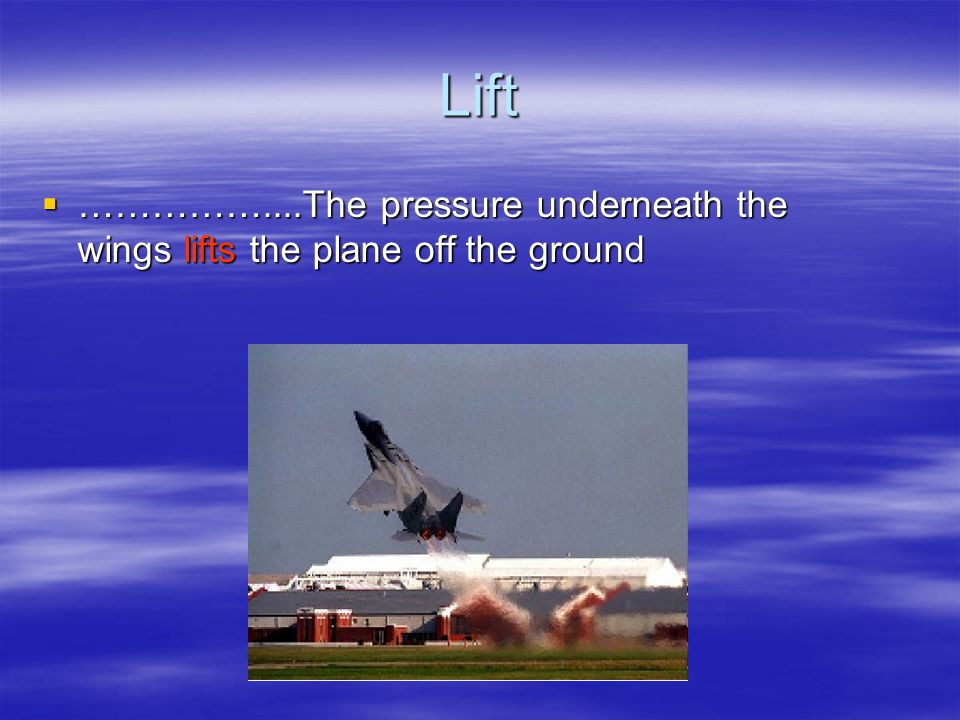 Lift  Air moves faster over the wing than underneath it.