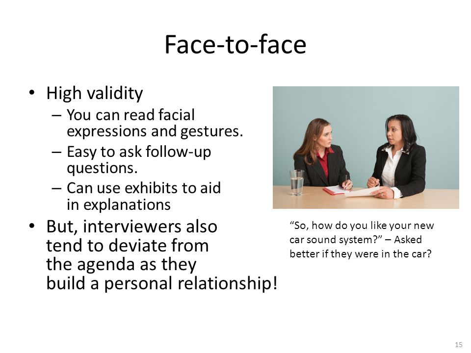 15 Face-to-face High validity – You can read facial expressions and gestures.