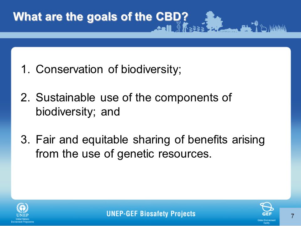 7 1.Conservation of biodiversity; 2.Sustainable use of the components of biodiversity; and 3.Fair and equitable sharing of benefits arising from the use of genetic resources.