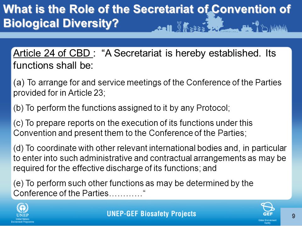 9 Article 24 of CBD : A Secretariat is hereby established.