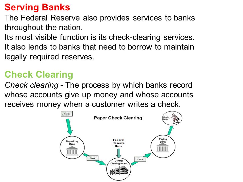 Serving Banks The Federal Reserve also provides services to banks throughout the nation.